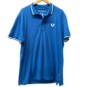 True Religion Shirt Mens XL Tipping Polo Blue Short Sleeve Logo Graphic Cotton